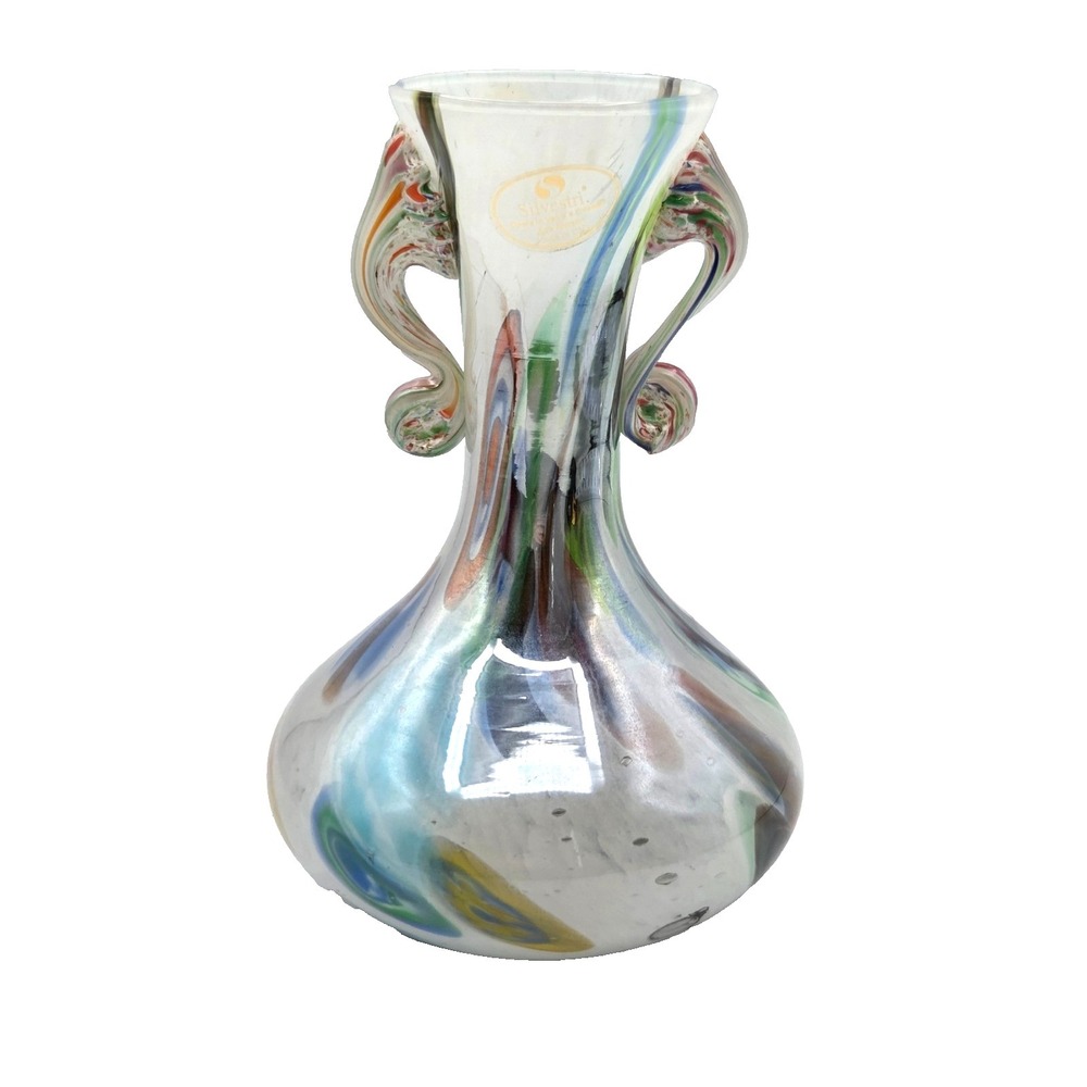 Fine Silvestri Arte Murano Rainbow Art Glass Vase with 2 Handles from ITALY